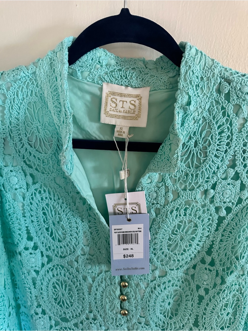 BNWT Sail to Sable Mint Crochet Lace Short Sleeve Midi Dress - Picture 6 of 9